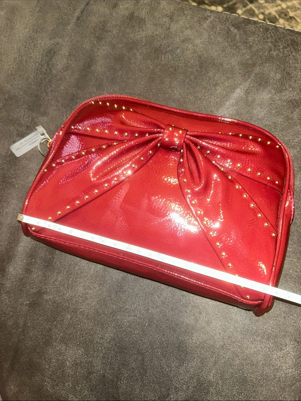 NWOT Vince Camuto Burgundy Red Patent Bow Studded Accent Clutch Cosmetic Bag
